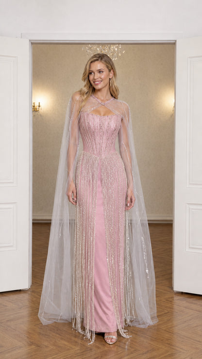 Front view of blush pink beaded corset formal dress with sheer cape