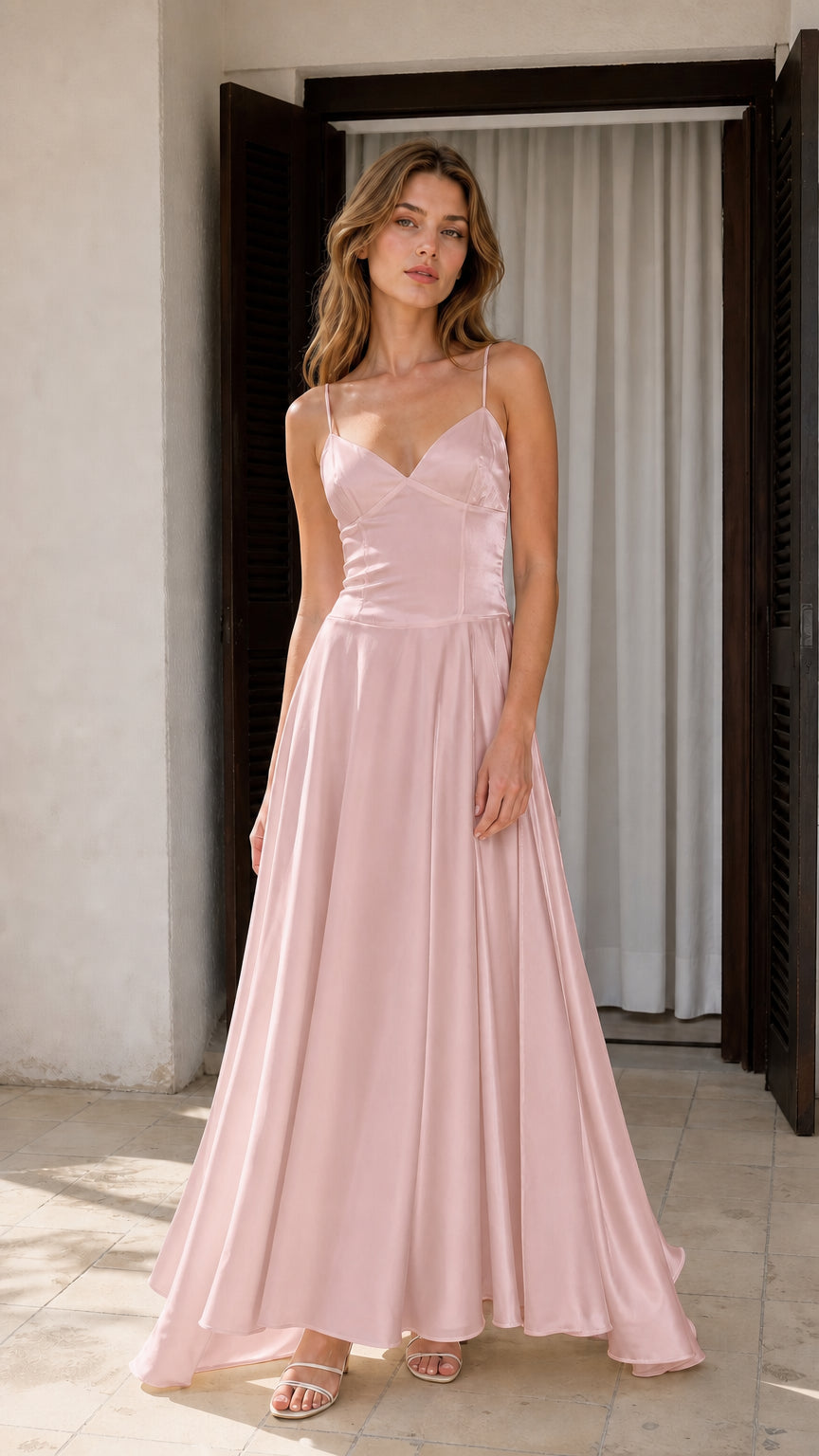 Front view of Blush Pink satin spaghetti strap bridesmaid maxi dress