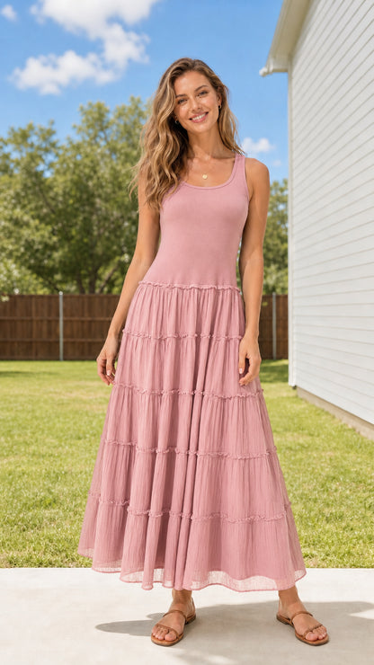 Full body view of woman wearing Dusty Pink scoop neck tiered maxi dress