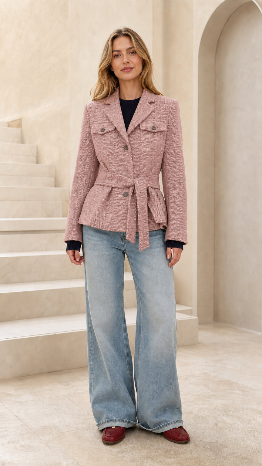 Front view of woman wearing dusty pink herringbone belted blazer jacket