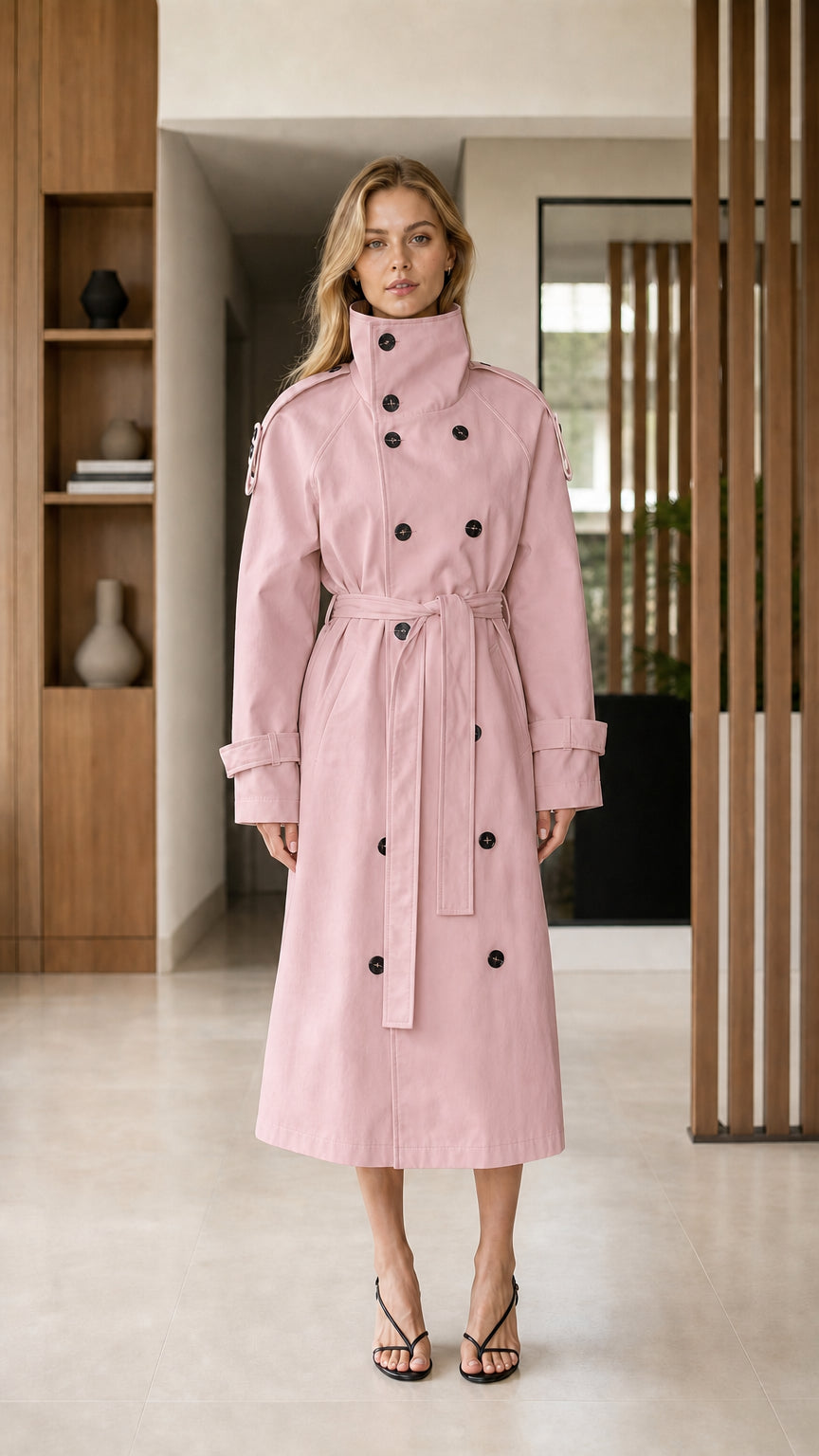 Front full-length view of Dusty Pink double-breasted high neck belted trench coat