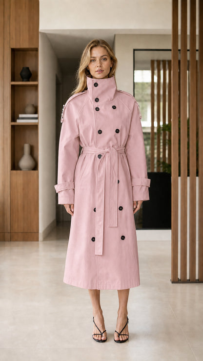 Front full-length view of Dusty Pink double-breasted high neck belted trench coat