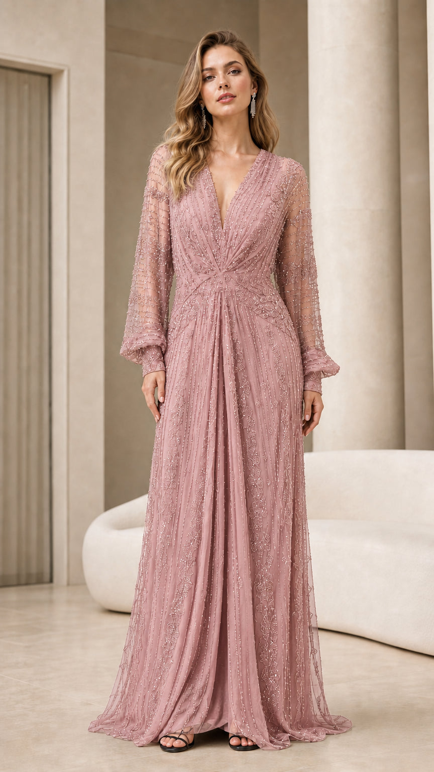 Front view of dusty rose pink beaded V-neck long sleeve formal gown