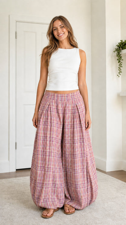 Model wearing Pink Plaid relaxed fit lantern balloon pants