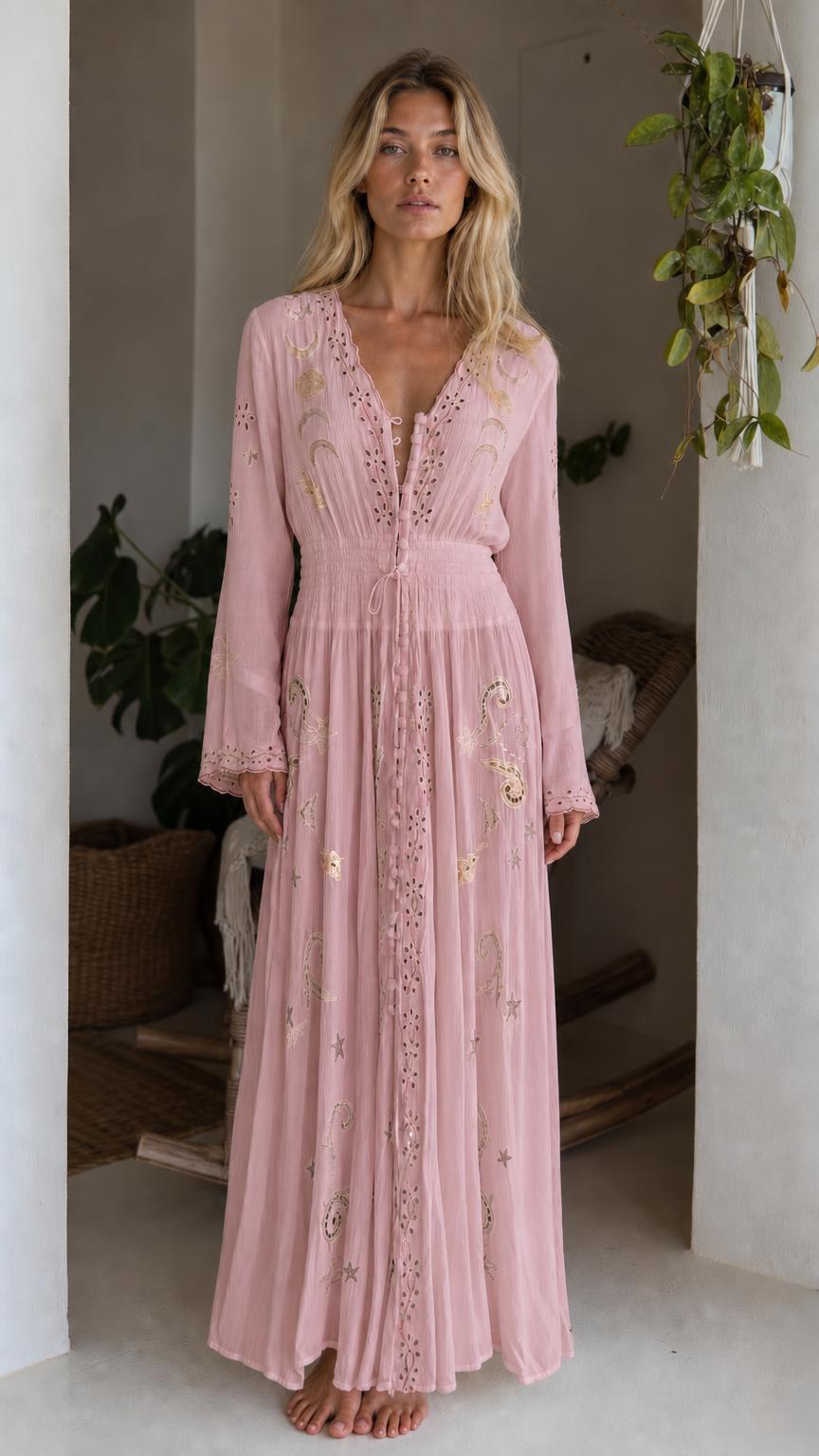Front view of model wearing pink celestial embroidered maxi dress