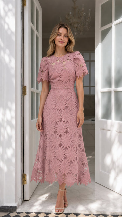 Front view of dusty pink floral embroidered lace midi dress