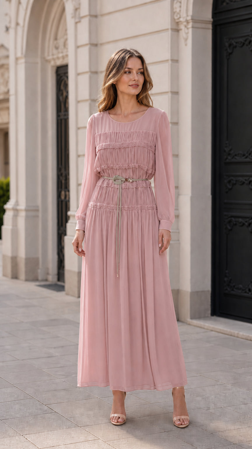 Front view of model wearing dusty pink pleated long-sleeve maxi dress