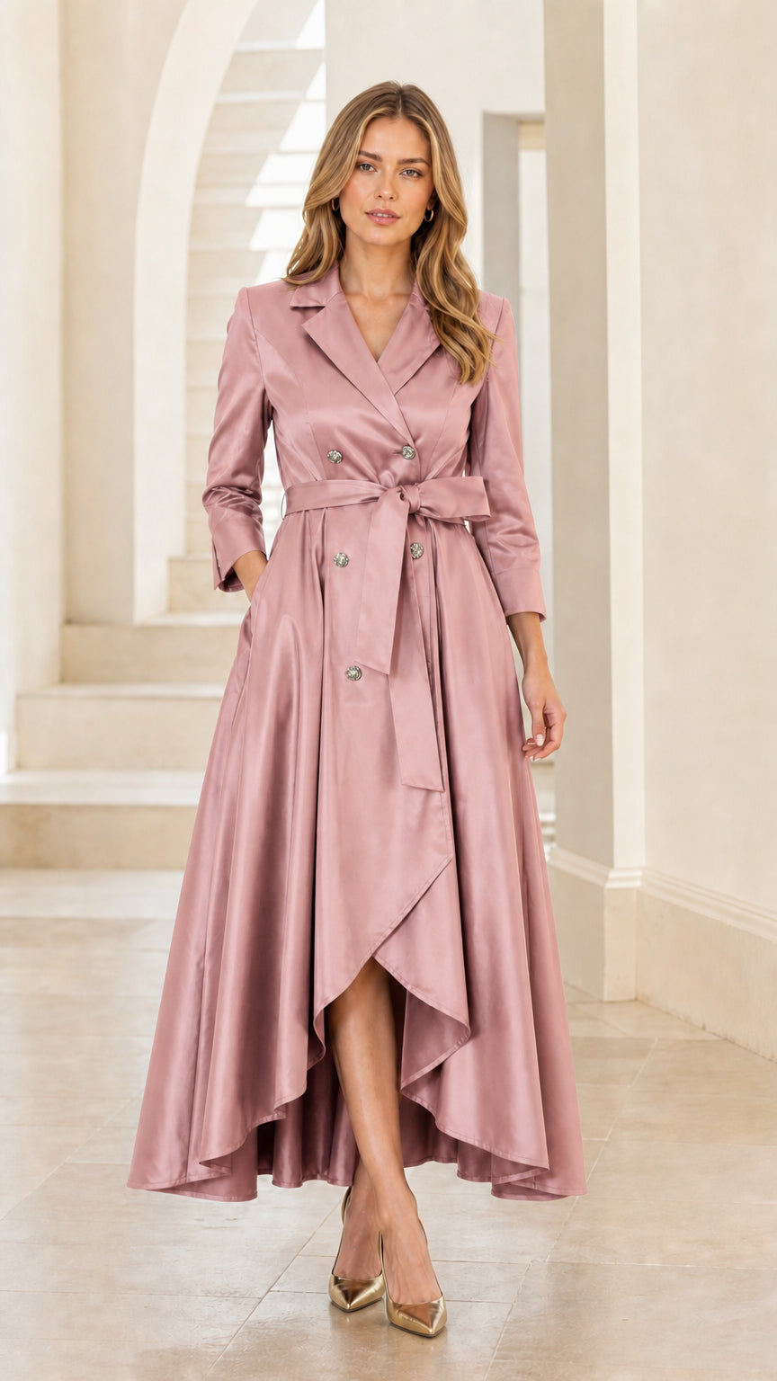 Front view of woman wearing pink satin trench dress