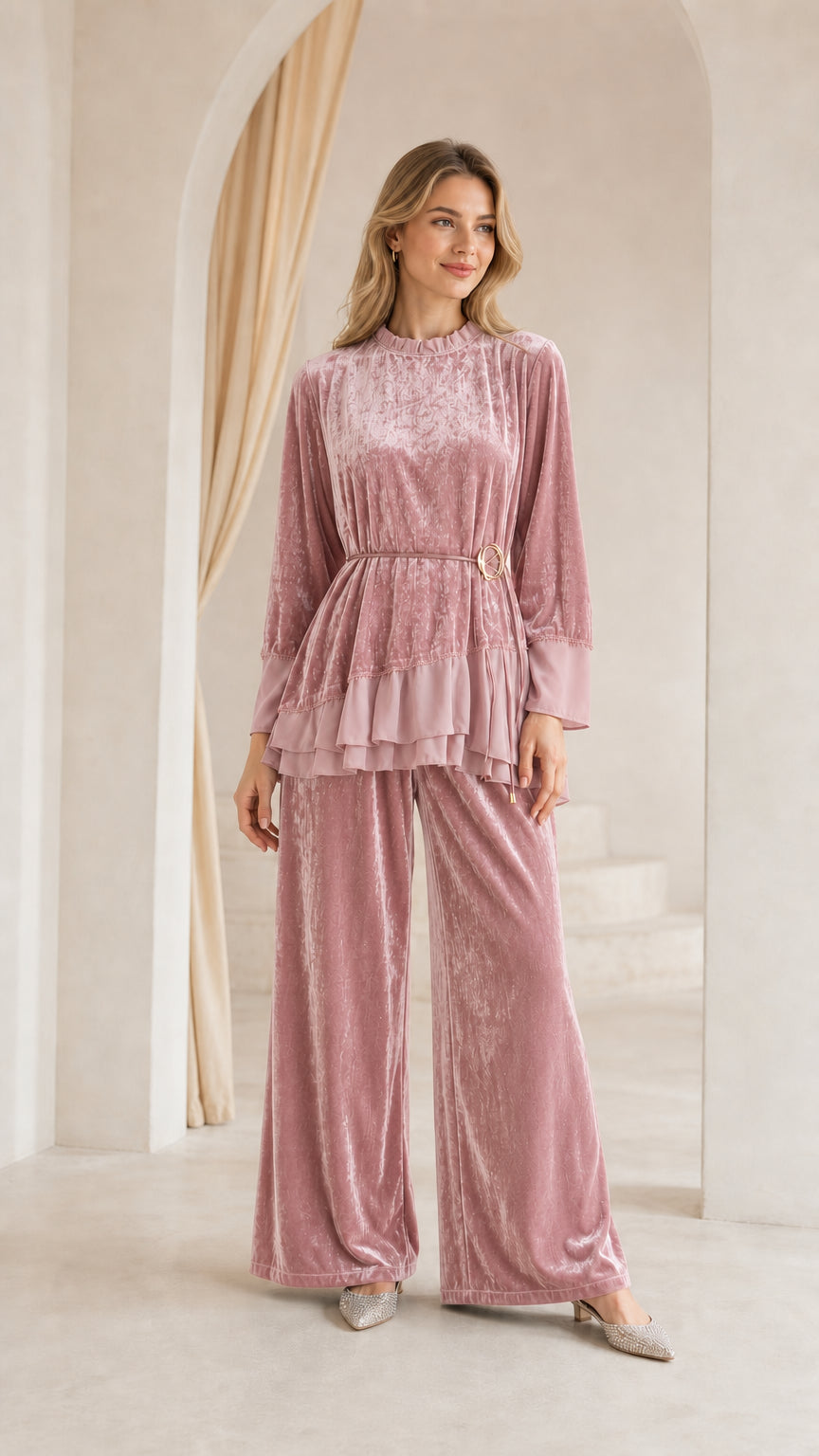 Front view of woman wearing dusty pink crushed velvet two-piece pant set