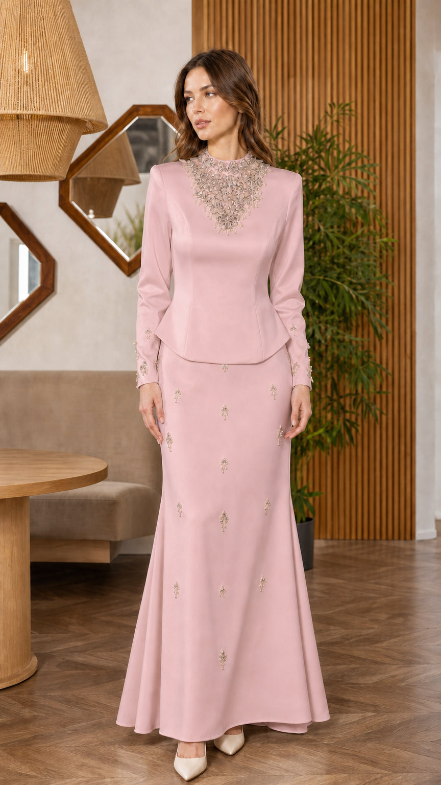 Dusty pink long sleeve pearl embellished two-piece evening dress set