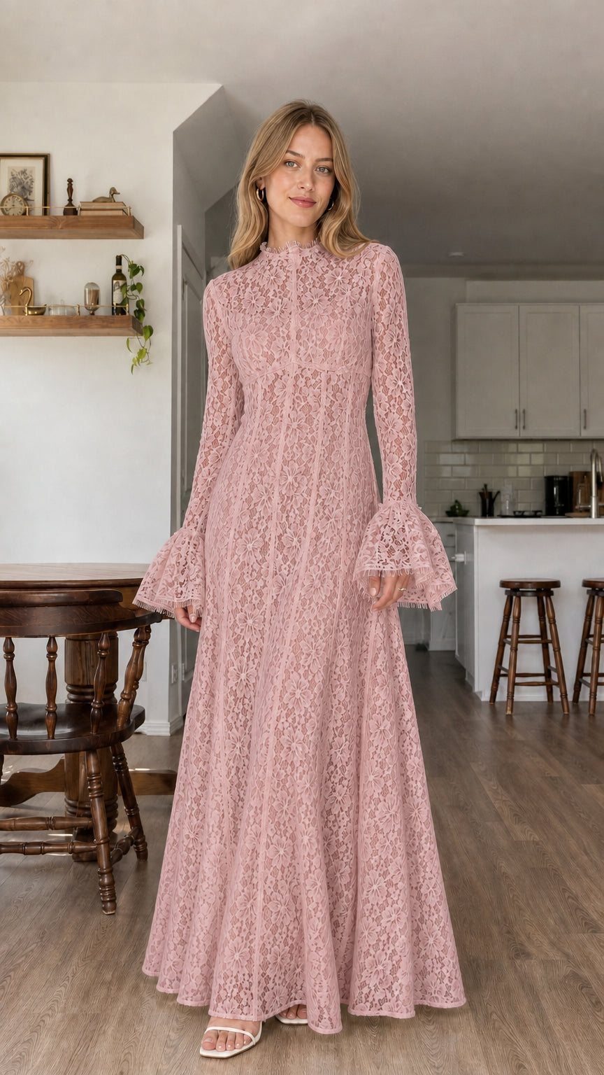 Model wearing dusty pink all-over lace long sleeve maxi dress