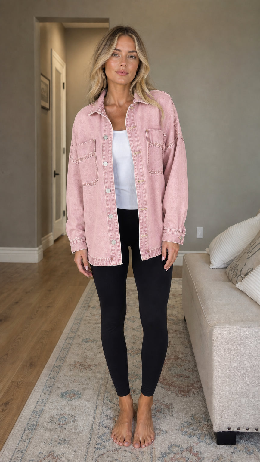 Front view of woman wearing pink denim shacket