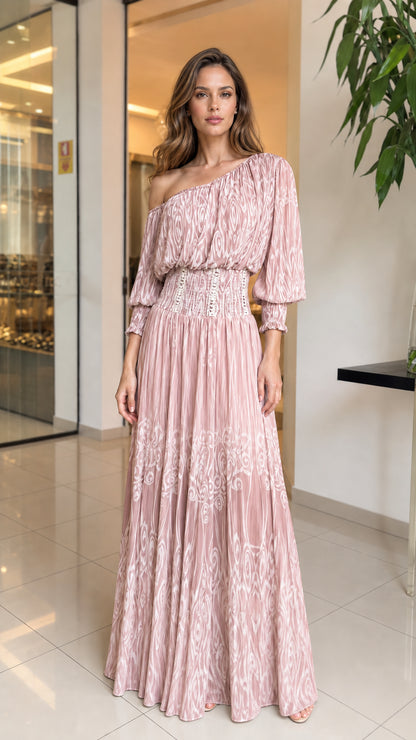 Model wearing Pink one-shoulder maxi dress