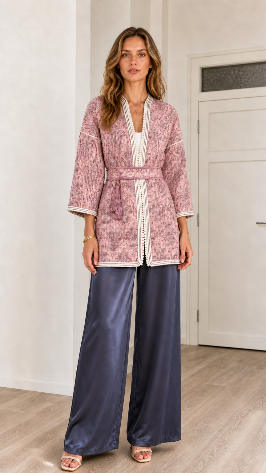 Front view of model wearing Dusty Rose jacquard belted kimono cardigan with tassel tie belt
