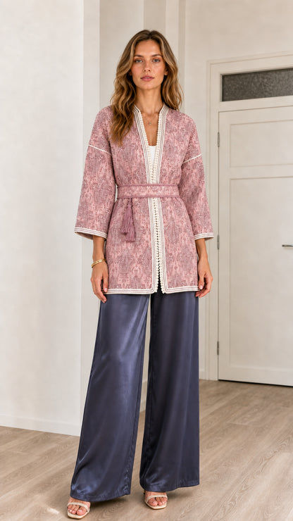 Front view of model wearing Dusty Rose jacquard belted kimono cardigan with tassel tie belt