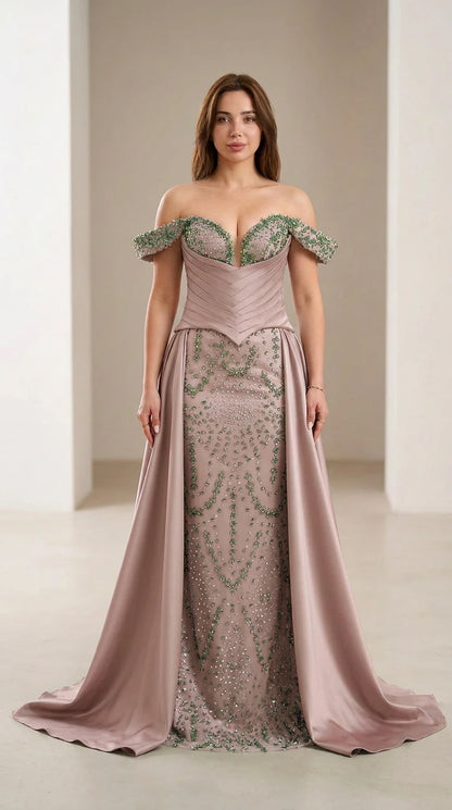 Front view of dusty rose beaded evening gown