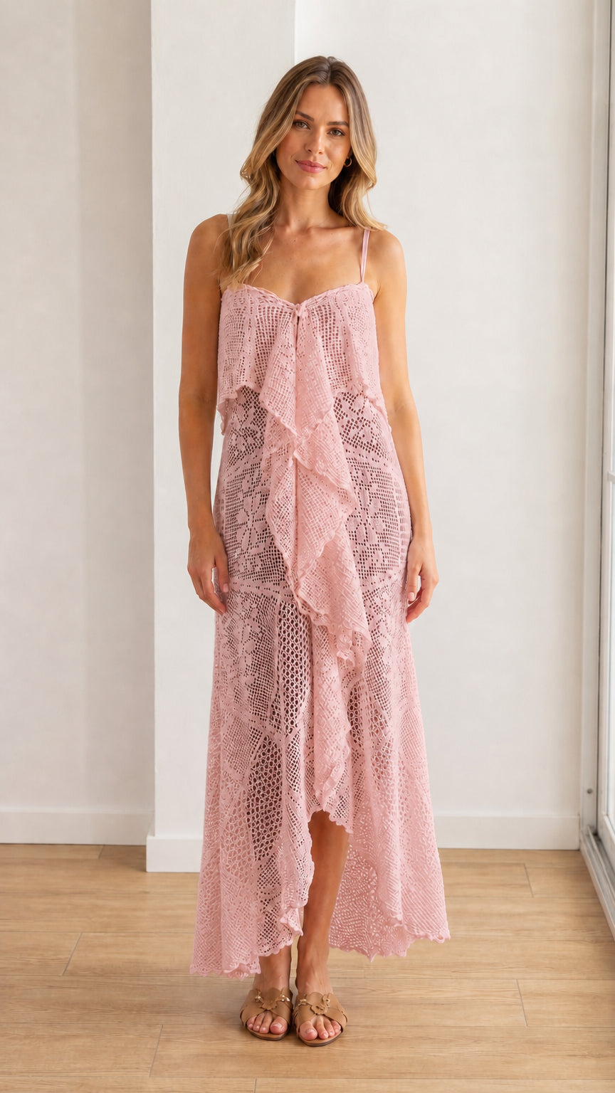 Model wearing pink crochet lace ruffle maxi dress