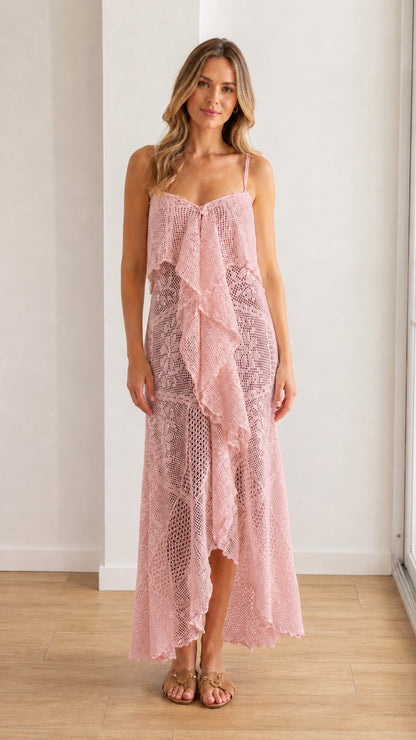 Model wearing pink crochet lace ruffle maxi dress