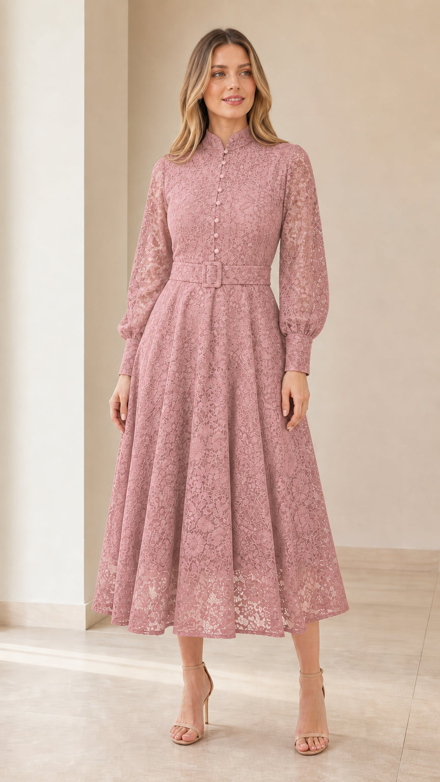 Model wearing Dusty Rose pink floral lace long sleeve midi dress