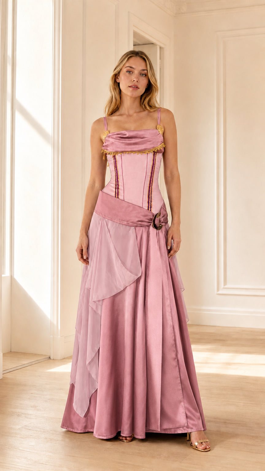 Full-length view of woman wearing rose pink Renaissance corset maxi dress
