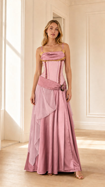 Full-length view of woman wearing rose pink Renaissance corset maxi dress