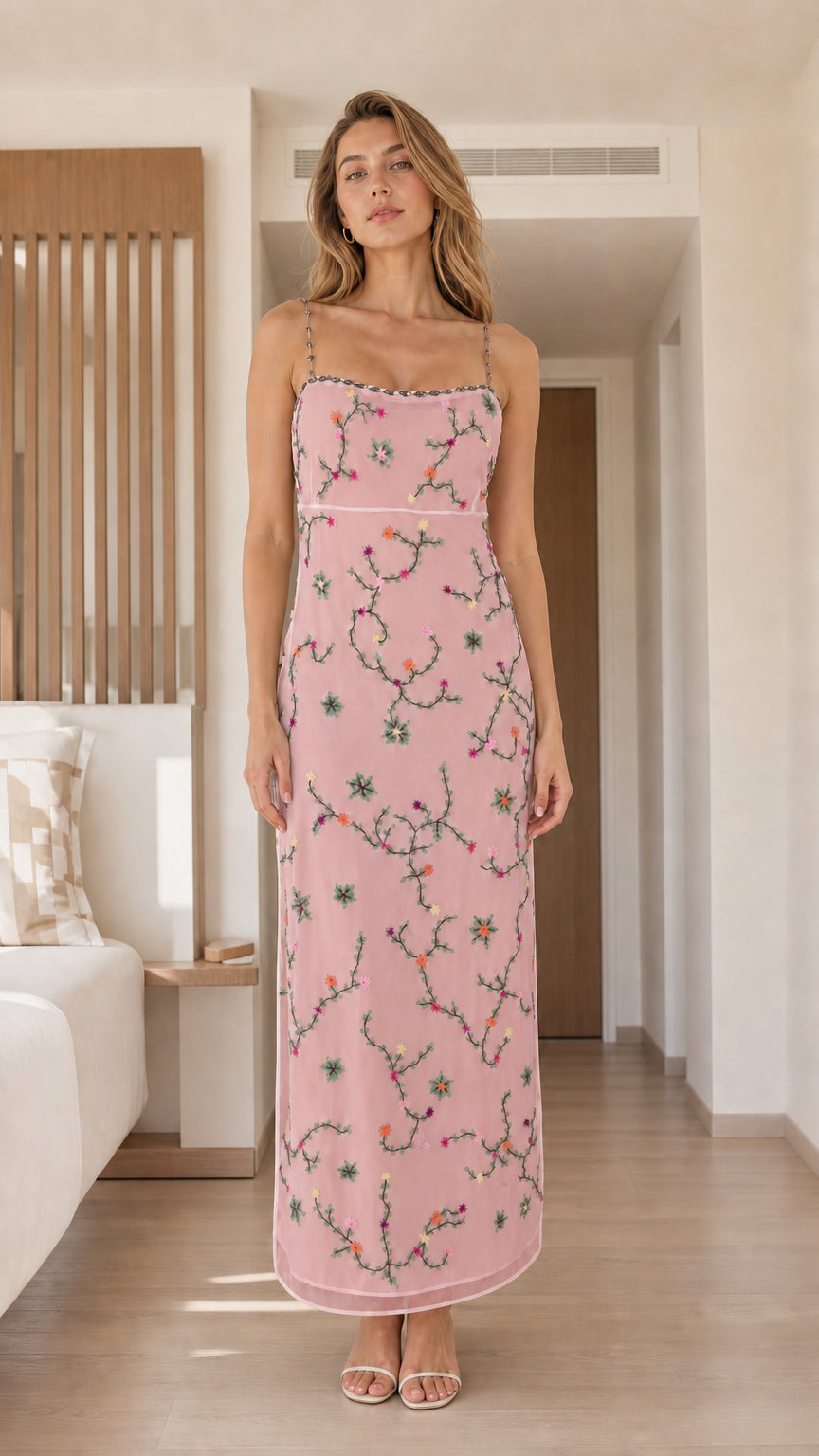 Front view of pink floral embroidered maxi dress