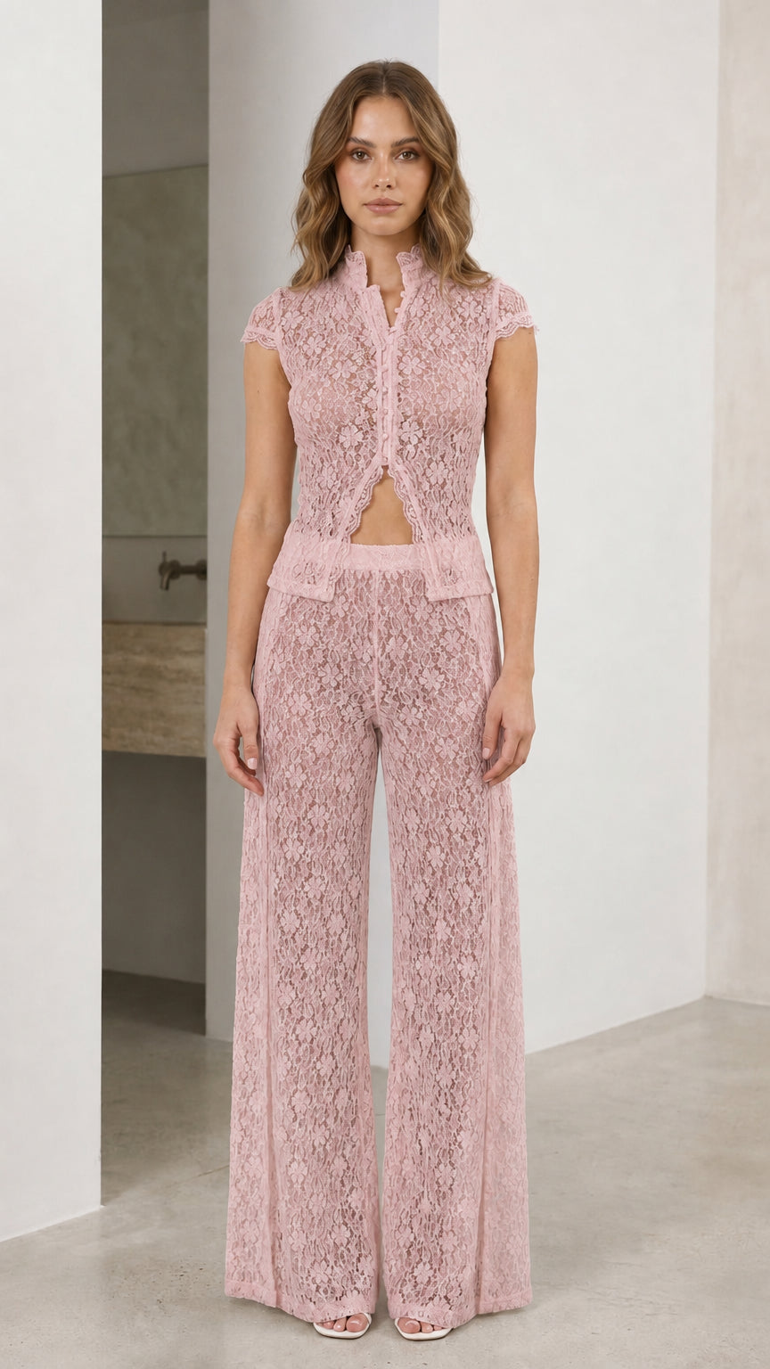 Full front view of pink lace matching set