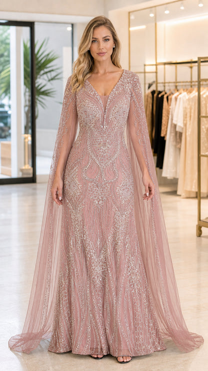 Front view of dusty rose pink sequined cape sleeve evening gown