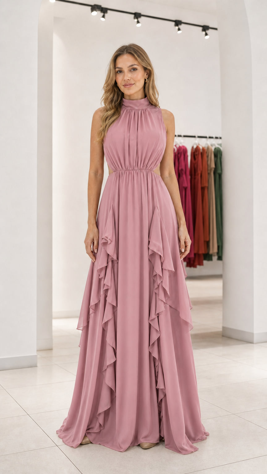 Front view of dusty pink evening maxi dress
