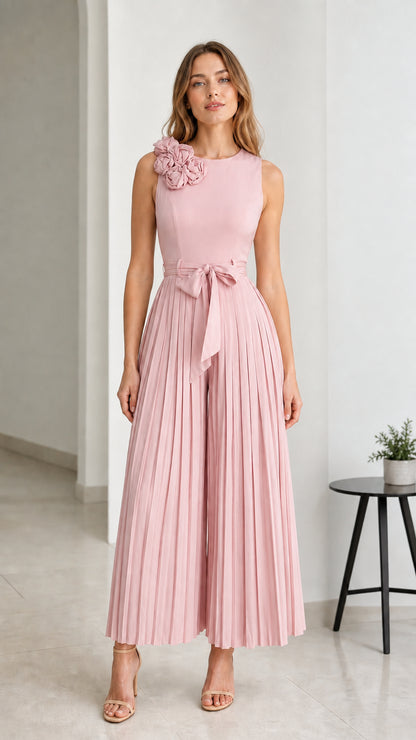 Front view of Pink pleated wide-leg jumpsuit
