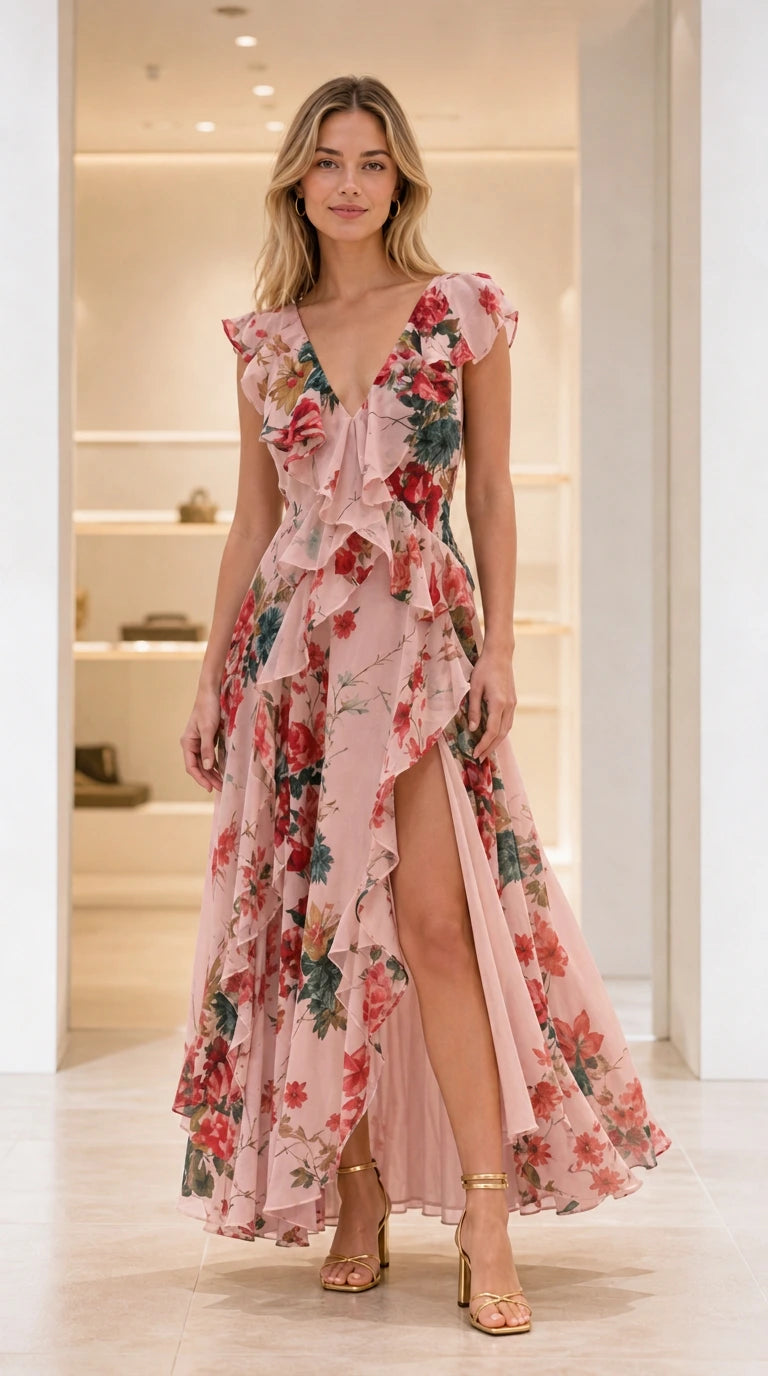 Front view of Blush Pink Floral ruffle backless maxi dress with high slit