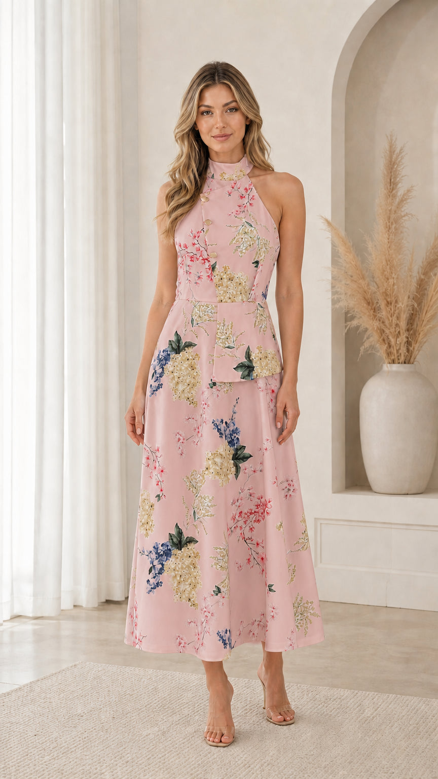 Model wearing pink floral print halter neck midi dress