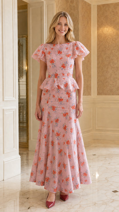 Front view of pink floral print ruffle sleeve peplum maxi dress