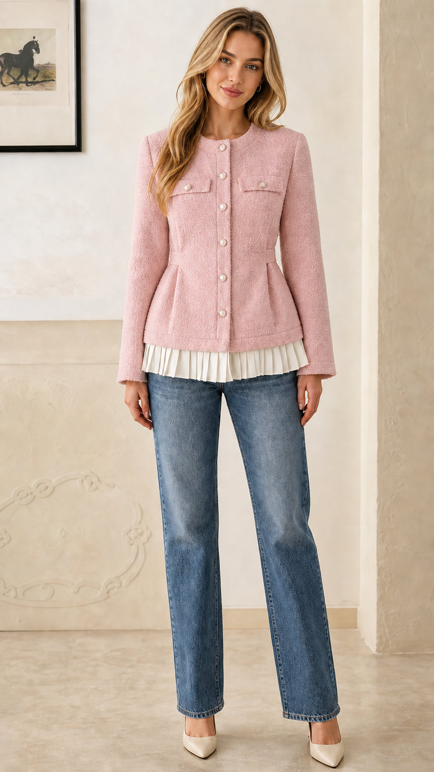 Front view of model wearing dusty pink tweed peplum jacket with pleated contrast hem