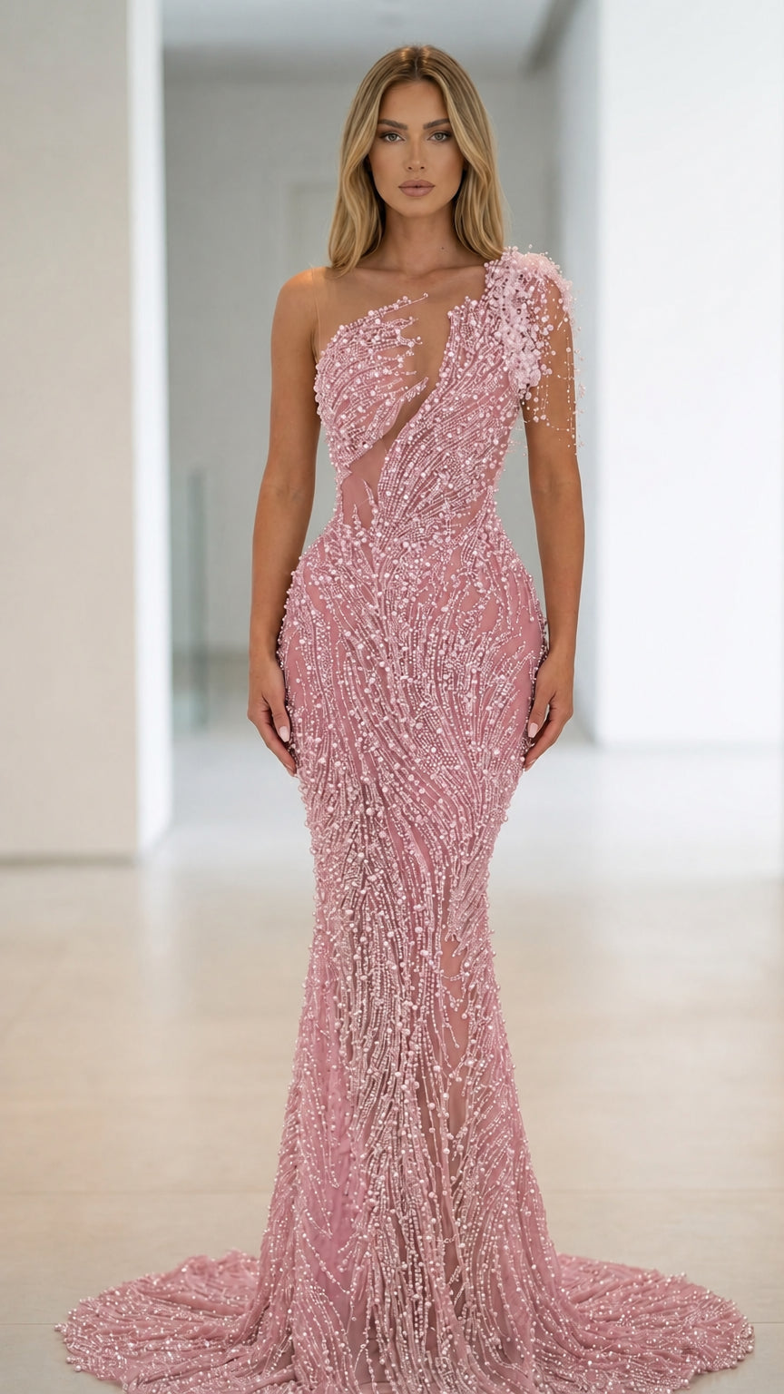 Front view of Pink one-shoulder beaded mermaid evening gown