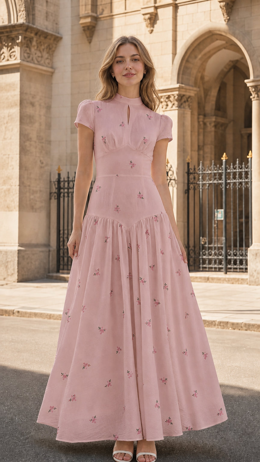 Front view of pink floral embroidered maxi dress