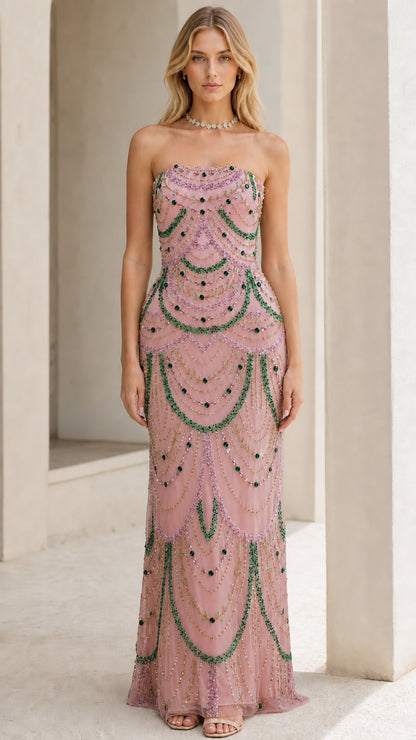 Front view of model wearing the pink beaded evening gown variant