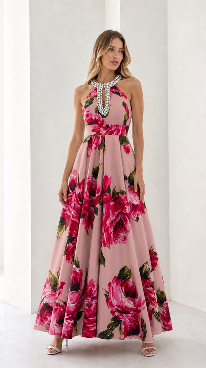Woman wearing pink floral long dress variant