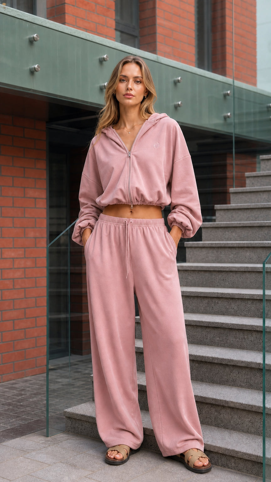 Woman wearing a dusty pink cropped hoodie and wide-leg pants set