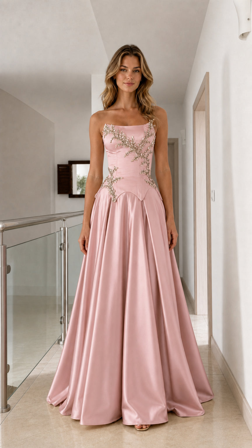 Blush pink strapless satin evening gown with beaded corset bodice