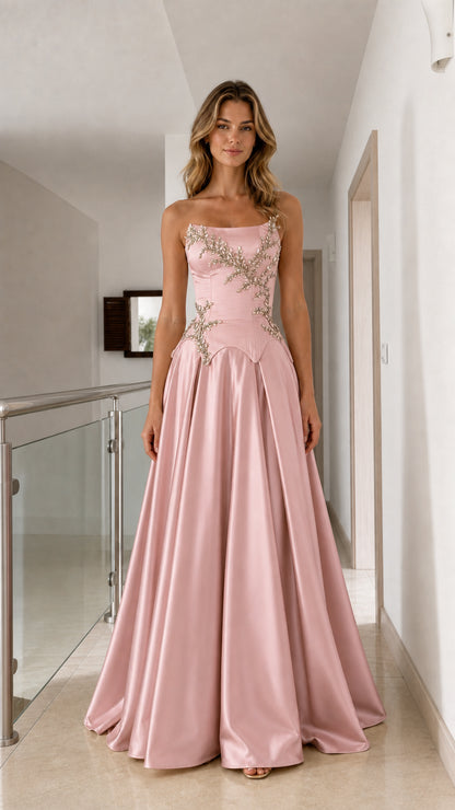 Blush pink strapless satin evening gown with beaded corset bodice