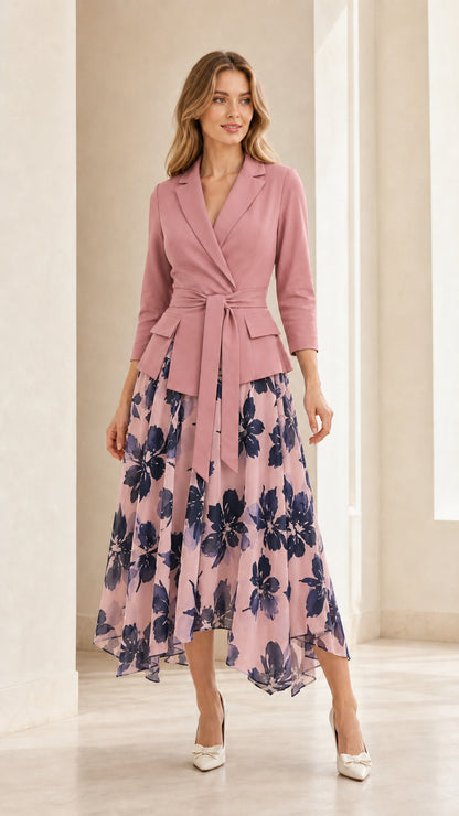Full length view of woman wearing pink blazer style floral midi dress