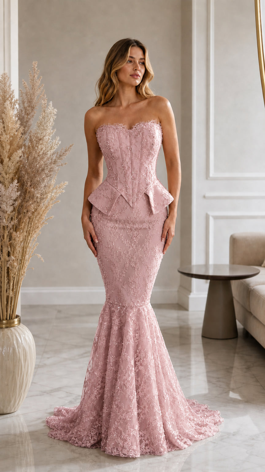 Front view of model wearing blush pink strapless lace corset mermaid evening gown
