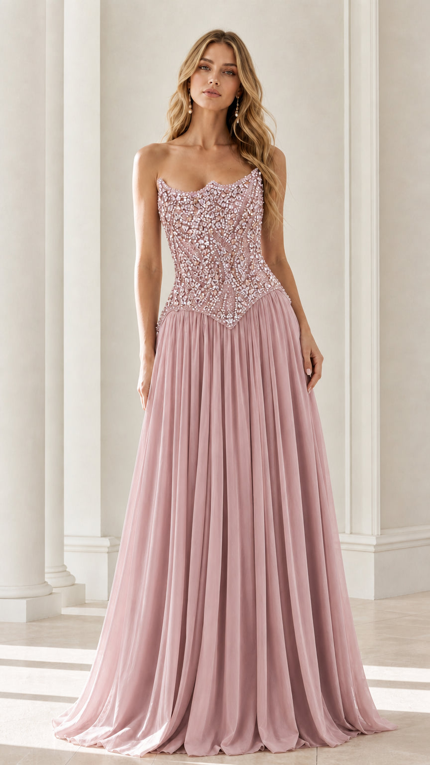 Front view of blush pink formal dress