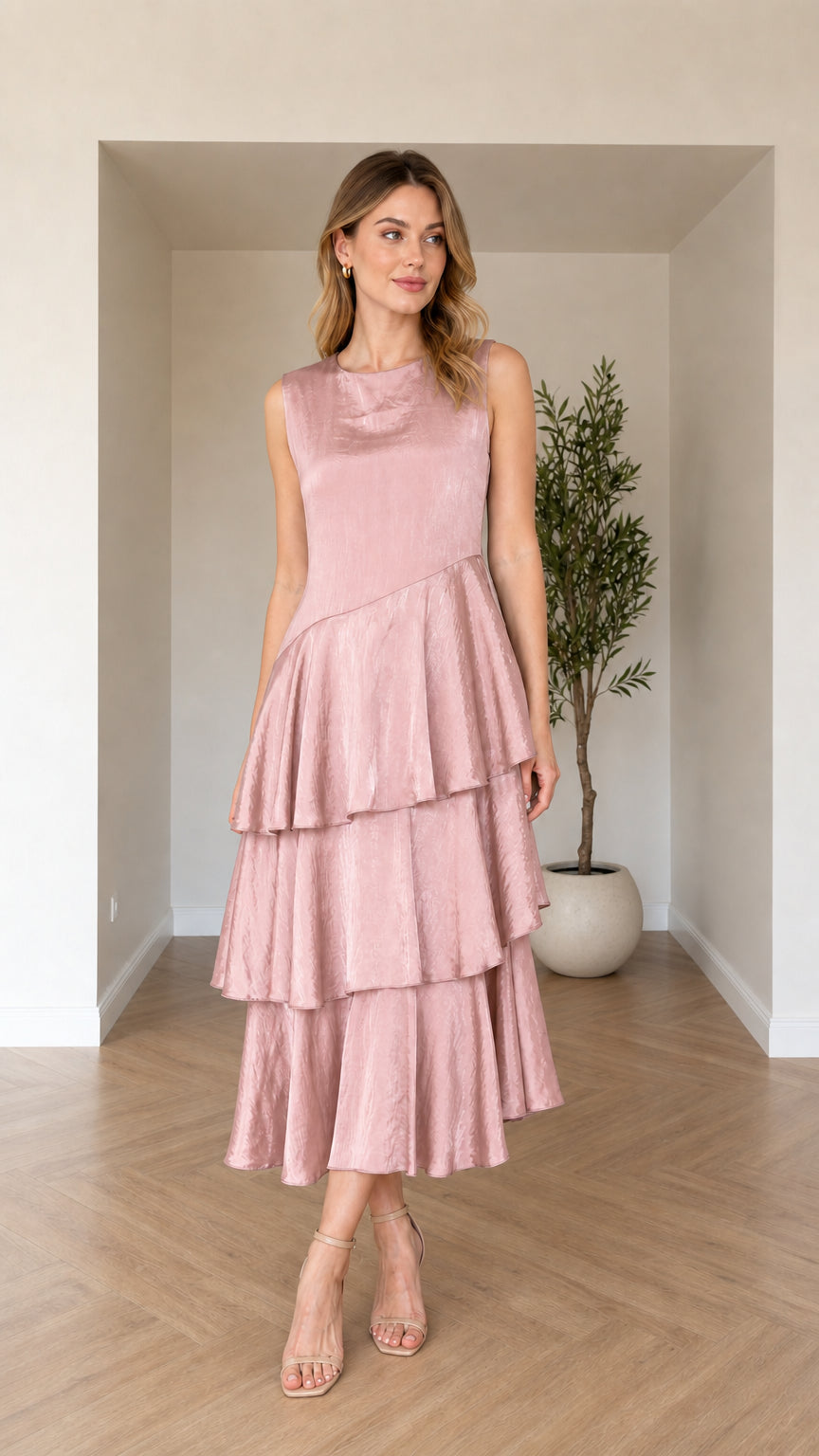 Model wearing dusty rose pink sleeveless tiered asymmetric midi dress