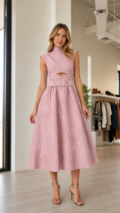 Front view of pink textured midi dress with belt