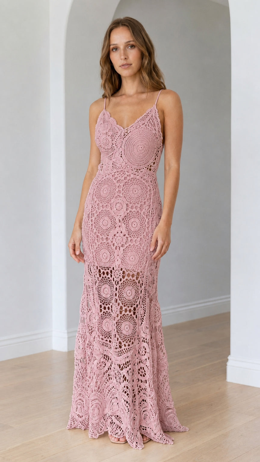 Dusty rose pink crochet lace sleeveless maxi dress on model