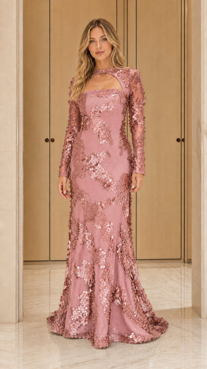 Dusty pink color variant of sequin evening dress