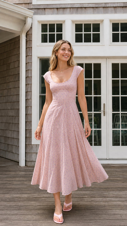 Front view of pink floral midi dress on model