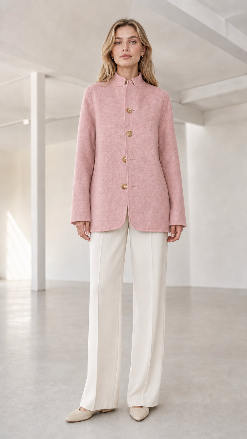Front view of model wearing dusty pink stand collar button coat